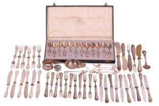 A cased set of German silver spoons, together with a large quantity of silver flatware, a napkin rin