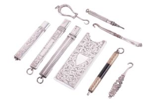 A collection of items including three silver pencil holders with cases, three silver boot lace hooks