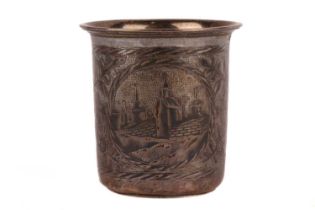 A late 19th century Russian (84 Zslotnik) silver tumbler with niello decoration of a gentleman and h