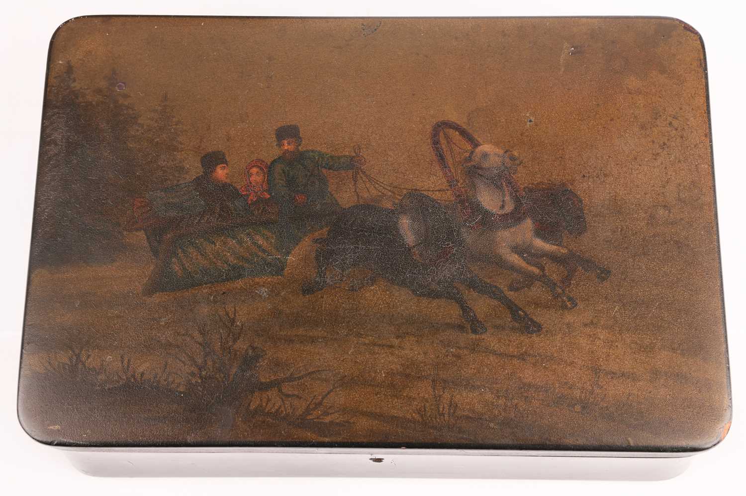 Late 19th-century Russian lacquer box, the lid with troika sled scene, together with a wooden sewing - Image 6 of 7