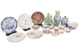 A collection of Chinese porcelain items including a jade green ground Famille Rose Canton baluster v