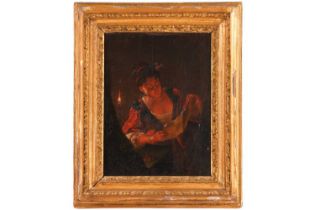 19th Century Continental School, Lady reading by candlelight, unsigned, oil on panel, 22.5 x 17 cm, 