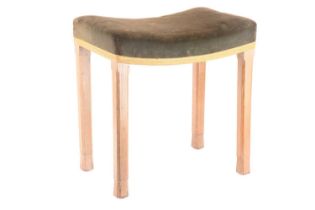 A Queen Elizabeth II limed oak coronation stool, with velvet and braid seat and chamfered legs, stam
