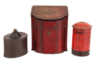 A vintage tin money box, modelled as a red postbox, together with a tin biscuit tin modelled as a ma