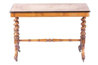 A Victorian marquetry inlaid walnut rectangular end table, the broad crossbanded top with a border o