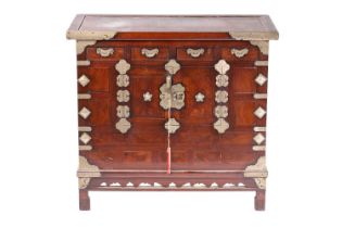 A Korean brass banded elm and stained pine Morijang cabinet with four short drawers over a pair of