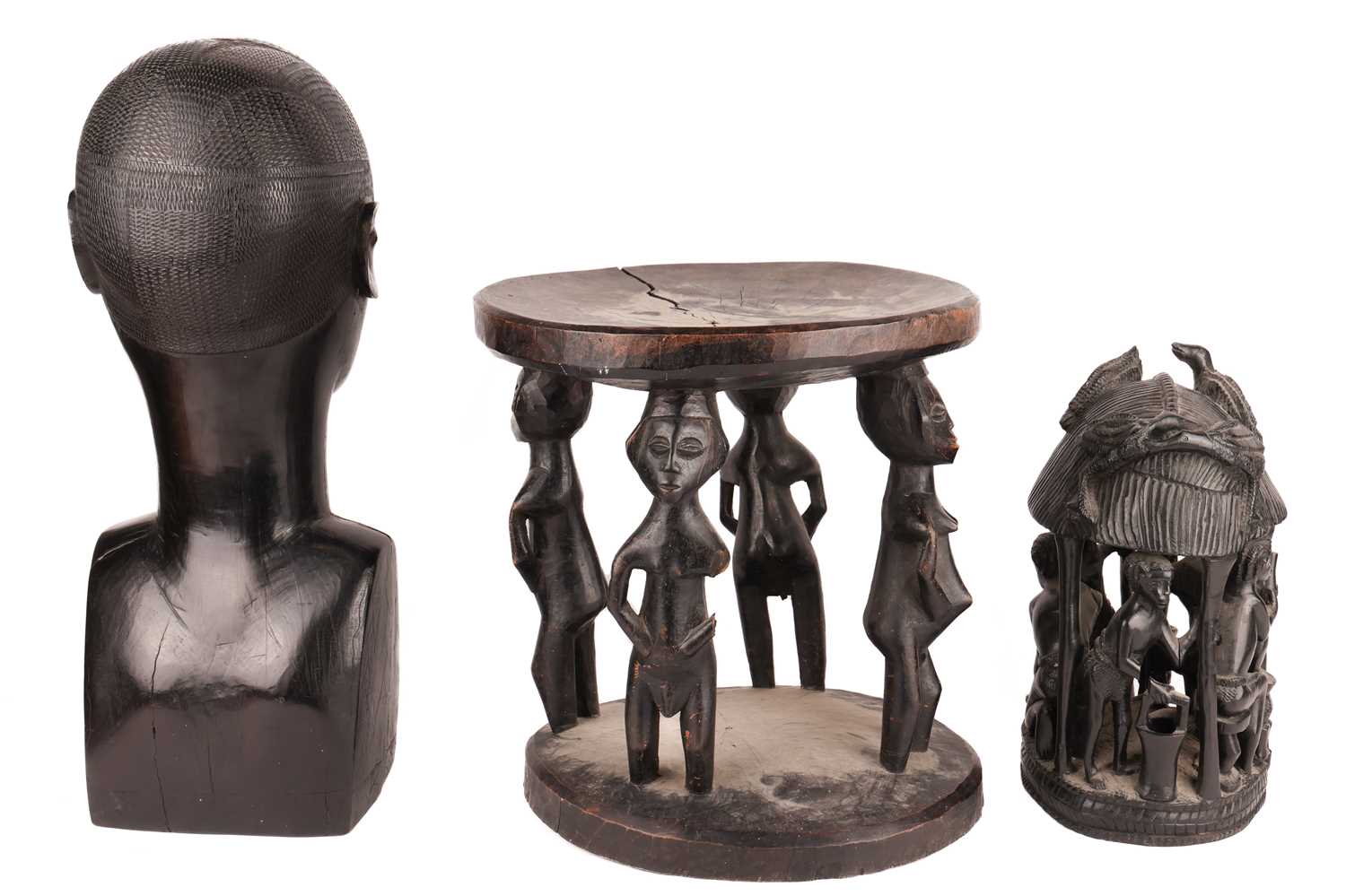 An African-carved wooden stool with figural supports on a circular base, alongside a large blackwood - Image 3 of 3