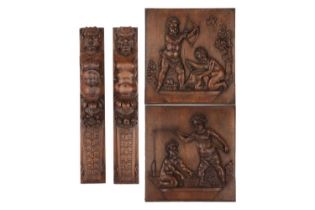 A pair of decorative 19th-century carved walnut square panels, each with figures of amorini fishing 