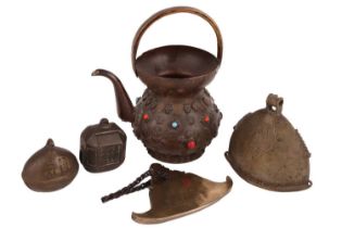 A Burmese Kyeezee (spinning gong) 15 cm wide, together with a Tibetan copper kettle set with skull
