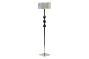 A contemporary designer chrome-plated floor lamp with three bead decoration and foiled drum shade,