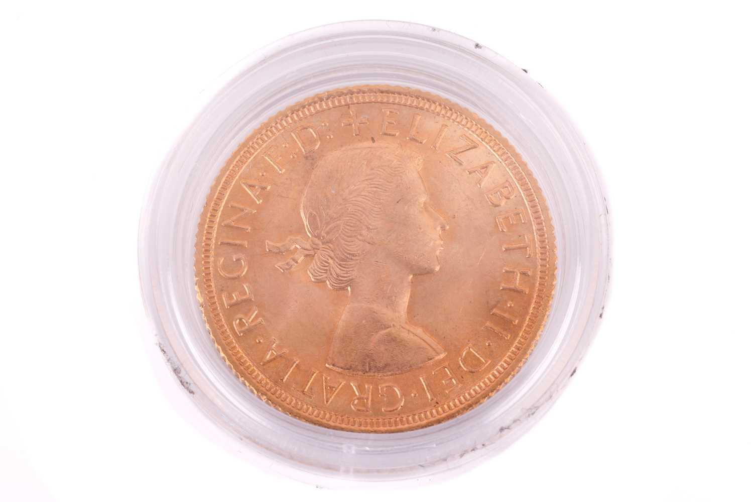 A 1958 Elizabeth II Full-Sovereign with a plastic case, circulated. - Image 2 of 2