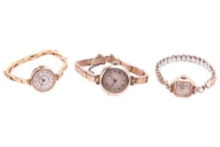 Three lady's gold dress watches, featuring an unbranded 9ct yellow gold hand-wound watch with a