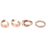 Two gold wedding bands and a pair of 9ct gold earrings; including an 18ct two-tone gold ring with a 