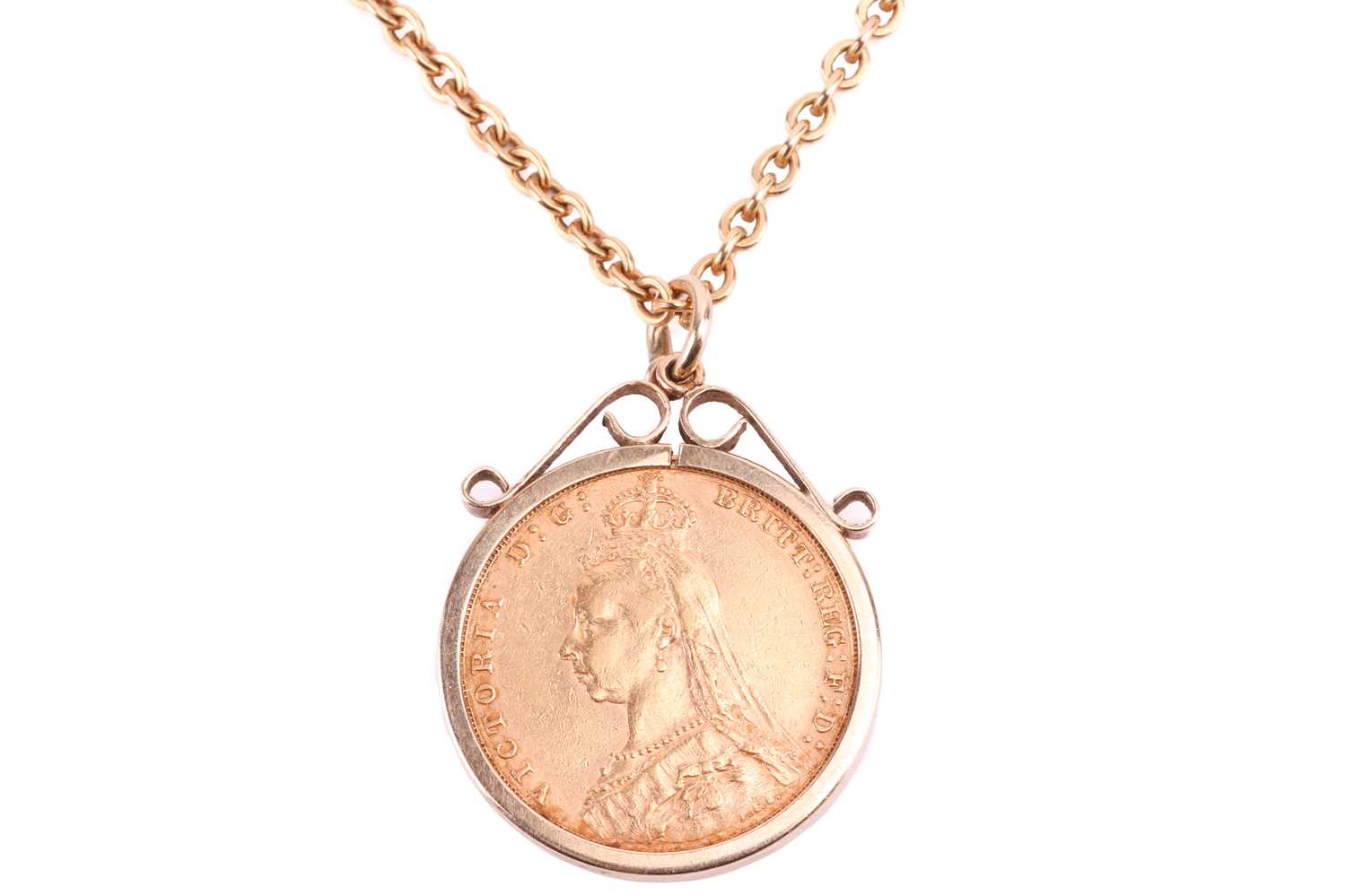 An 1891 Victoria full sovereign in a 9ct gold coin mount all on a yellow metal chain stamped 9ct. To - Image 2 of 3