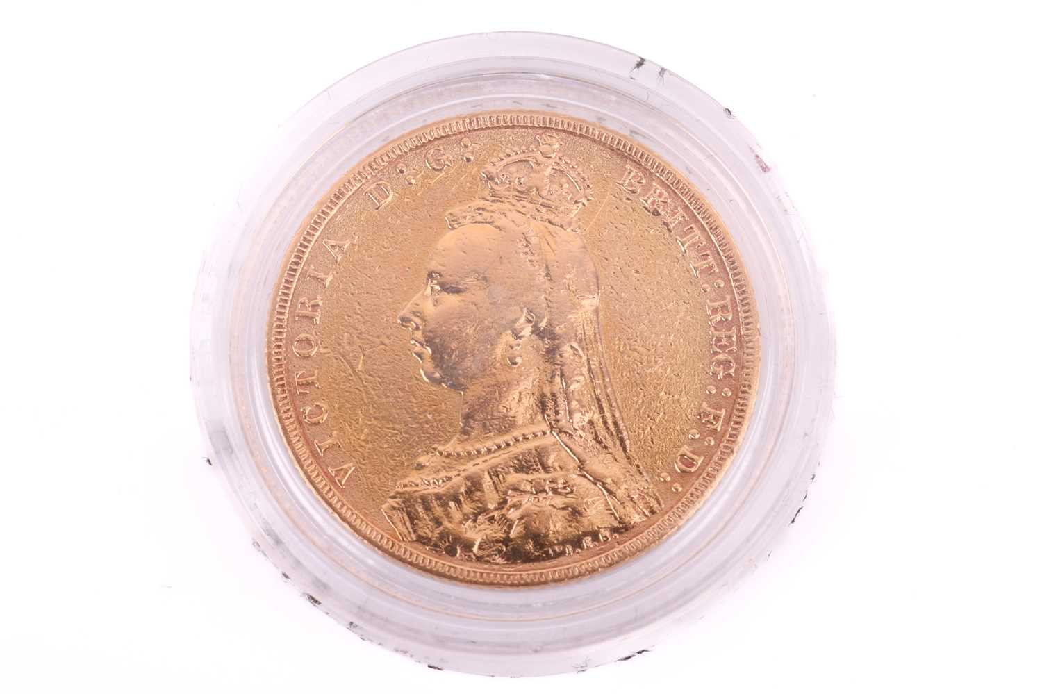 An 1890 Victoria 'Jubilee head' Full-Sovereign with a plastic case, circulated. - Image 2 of 2