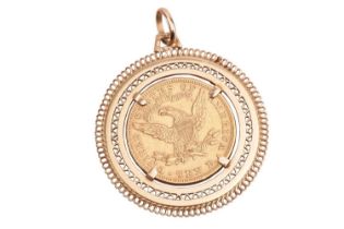 An 1890 liberty head 10 Dollar gold coin, mounted in a round yellow metal pendant stamped '750';
