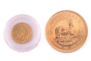 A full 1oz South Africa Krugerrand 1980 gold coin & a 1/10oz South Africa Krugerrand 1985 gold