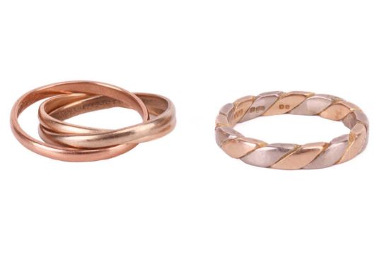 Two gold wedding bands and a pair of 9ct gold earrings; including an 18ct two-tone gold ring with a  - Image 4 of 4