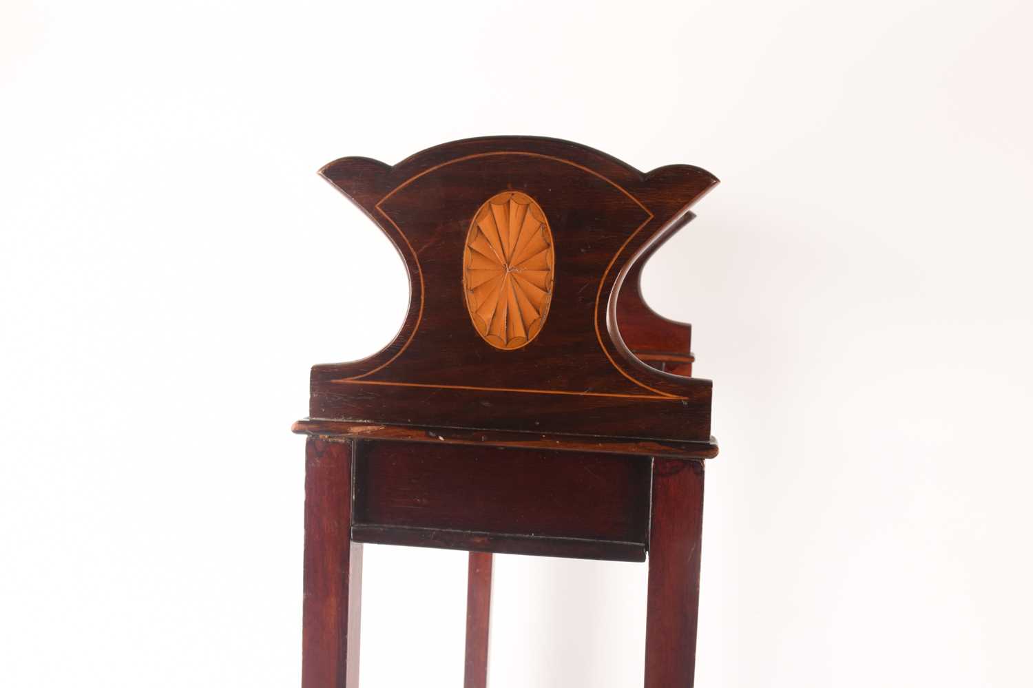 An Edwardian inlaid mahogany three-shelved book trough supported on splayed feet with brass cap cast - Image 4 of 11