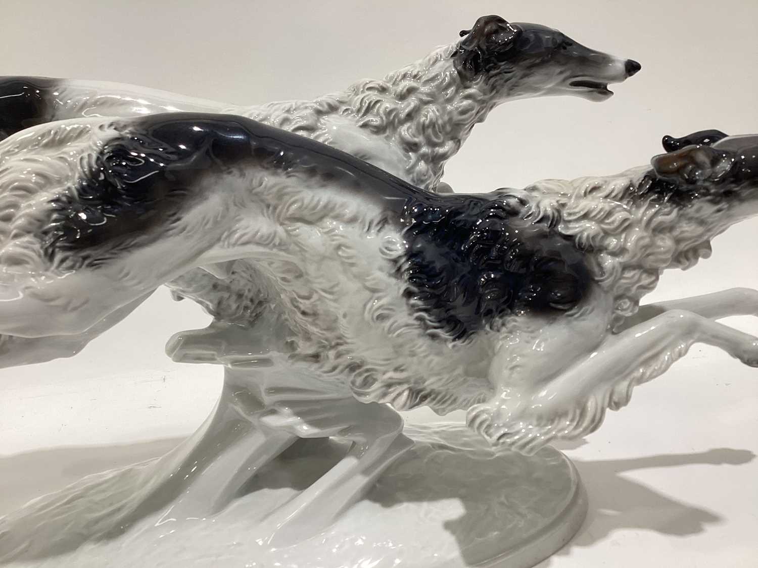 A Rosenthal porcelain figure of two Borzoi Wolfhounds racing, on an oval base, 61cm longWould benefi - Image 11 of 17