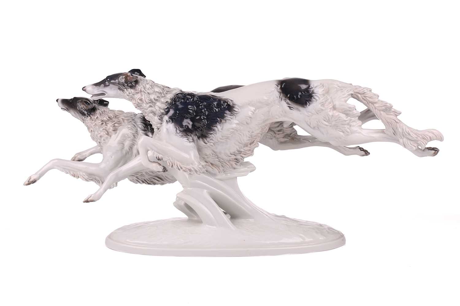 A Rosenthal porcelain figure of two Borzoi Wolfhounds racing, on an oval base, 61cm longWould benefi - Image 8 of 17