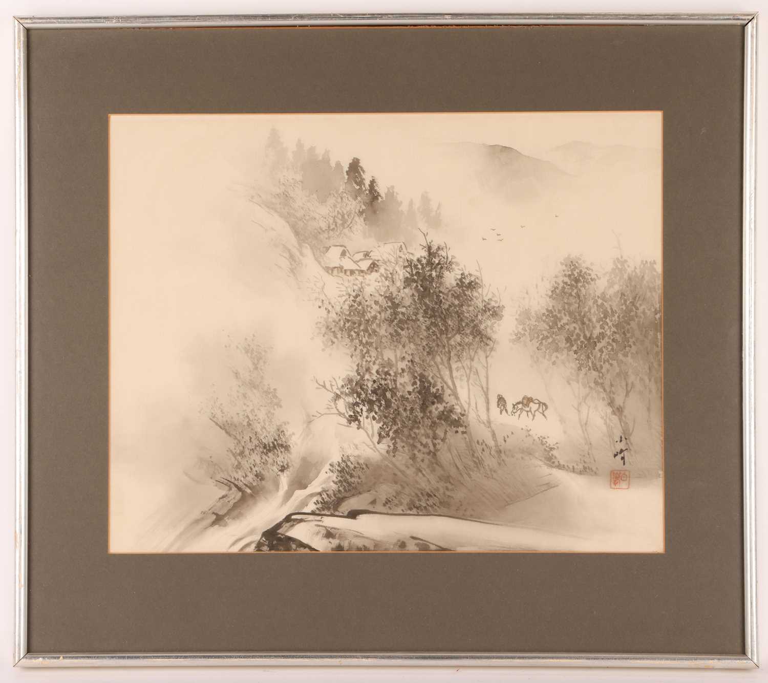 Hakuun Takasu (?) Japanese, a group of four silk pictures depicting misted mountain scenes, ink on s - Image 2 of 5