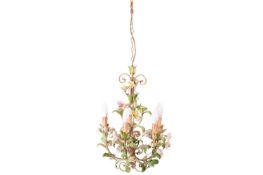 A 20th century Italian Art Nouveau tole peintre floral chandelier, painted iron and polychrome ceram