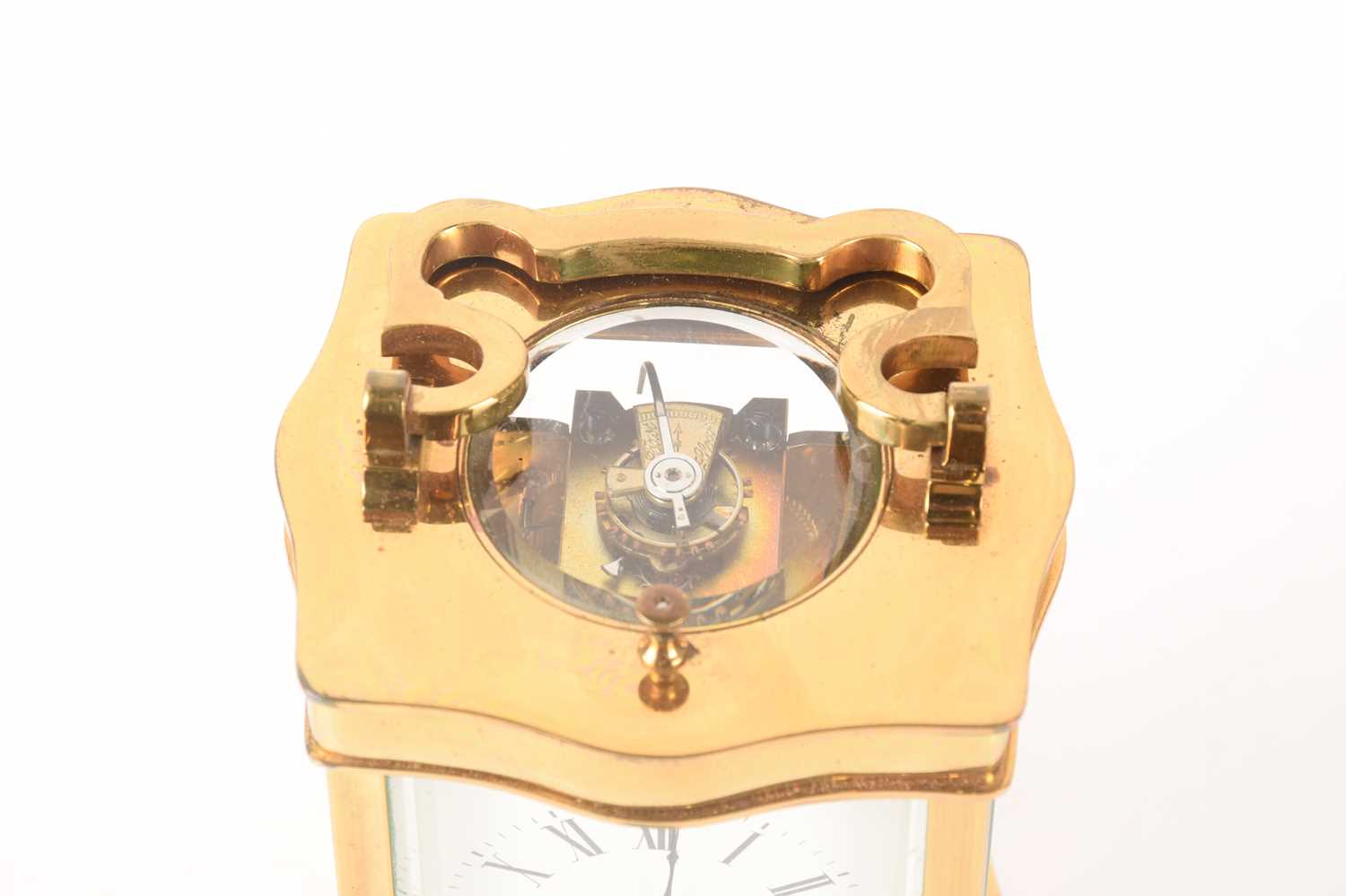 A French-style brass carriage clock with a serpentine corniche, repeating action and chiming on a go - Image 8 of 13