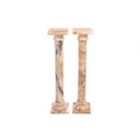 A pair of marble pedestals, 23 cm wide x 23 cm deep x 102 cm highTop marble panel of one column lose