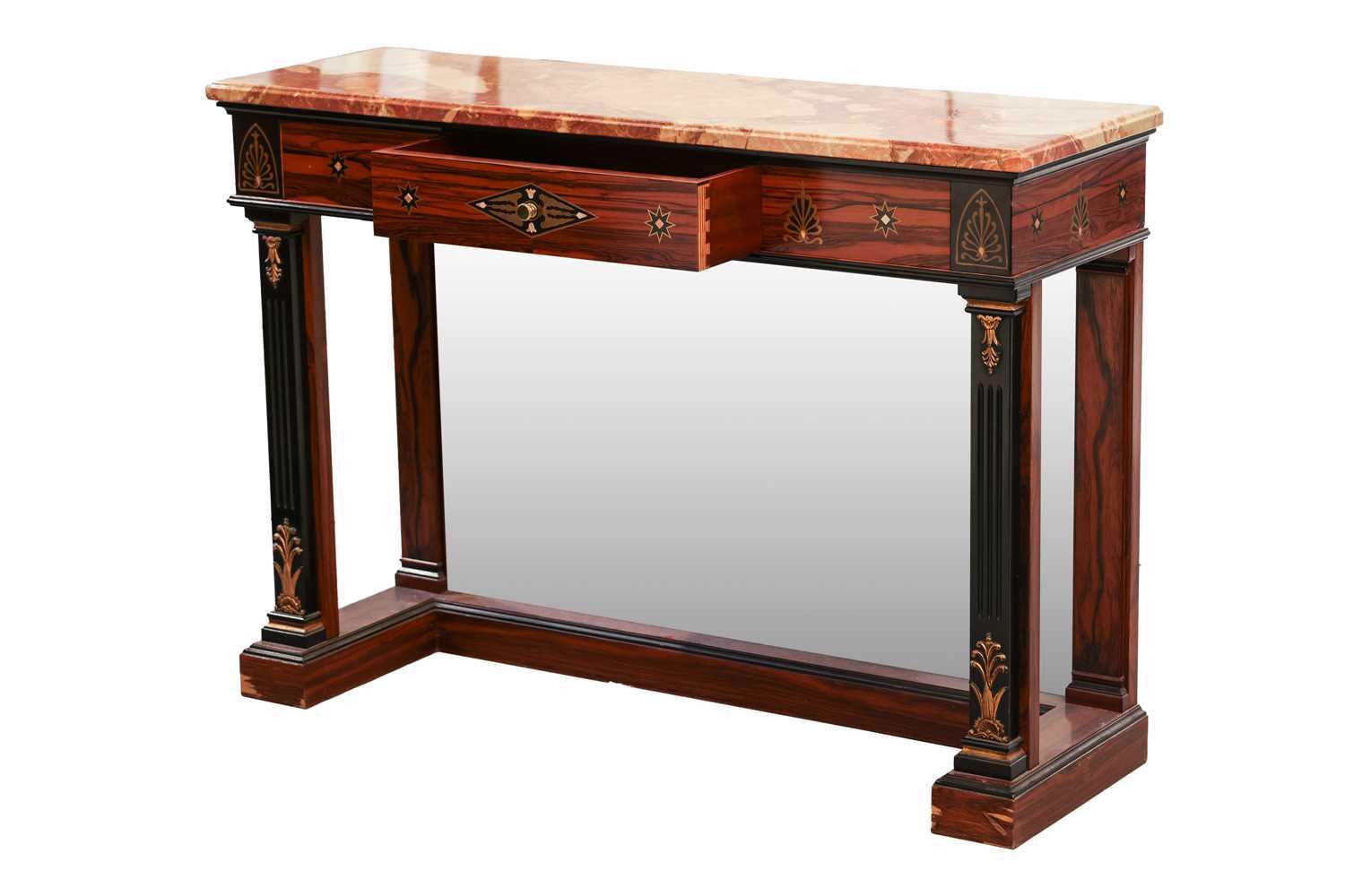 A 20th century French Empire style marble-topped brass marquetry inlaid zebrano side table, with a s - Image 2 of 5