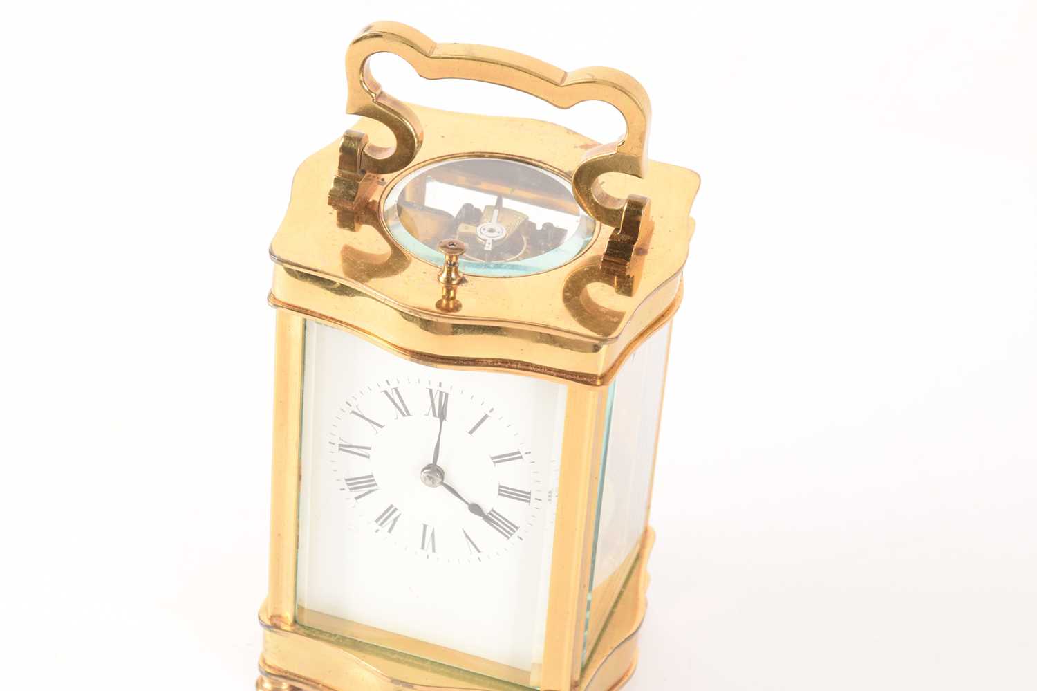 A French-style brass carriage clock with a serpentine corniche, repeating action and chiming on a go - Image 6 of 13