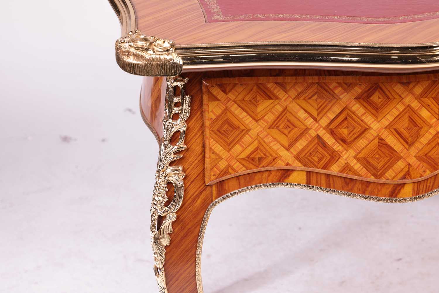 A 20th century Louis XV style cartouche topped bureau plat with tooled leather insert, gilt metal mo - Image 6 of 30