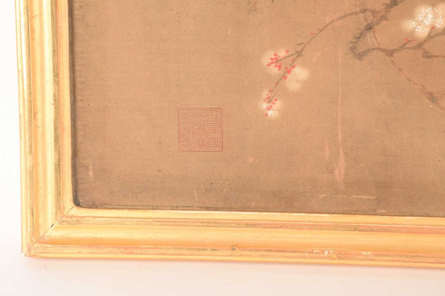 A pair of Chinese silkscreen paintings depicting similar 55.5 78.5 scenes of birds playing amongst s - Image 3 of 9