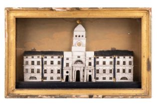 A miniature model of the Horse Guards building, card, within a display case, 49 cm wide x 10 cm deep