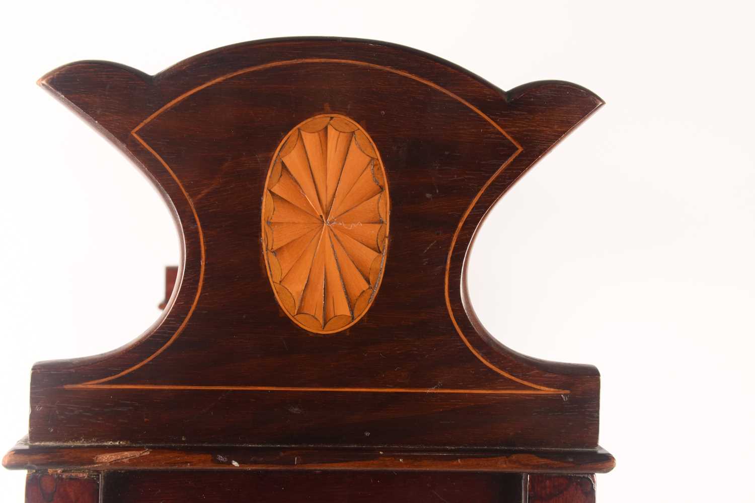 An Edwardian inlaid mahogany three-shelved book trough supported on splayed feet with brass cap cast - Image 5 of 11
