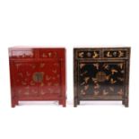 A contrasting pair of Chinese red and black "Chinoiserie" lacquer cabinets each with captive panelle