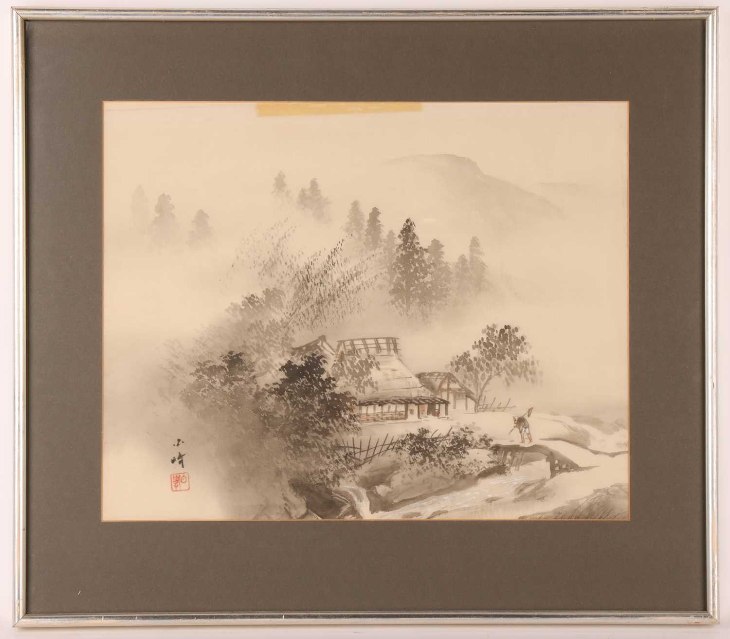 Hakuun Takasu (?) Japanese, a group of four silk pictures depicting misted mountain scenes, ink on s - Image 4 of 5