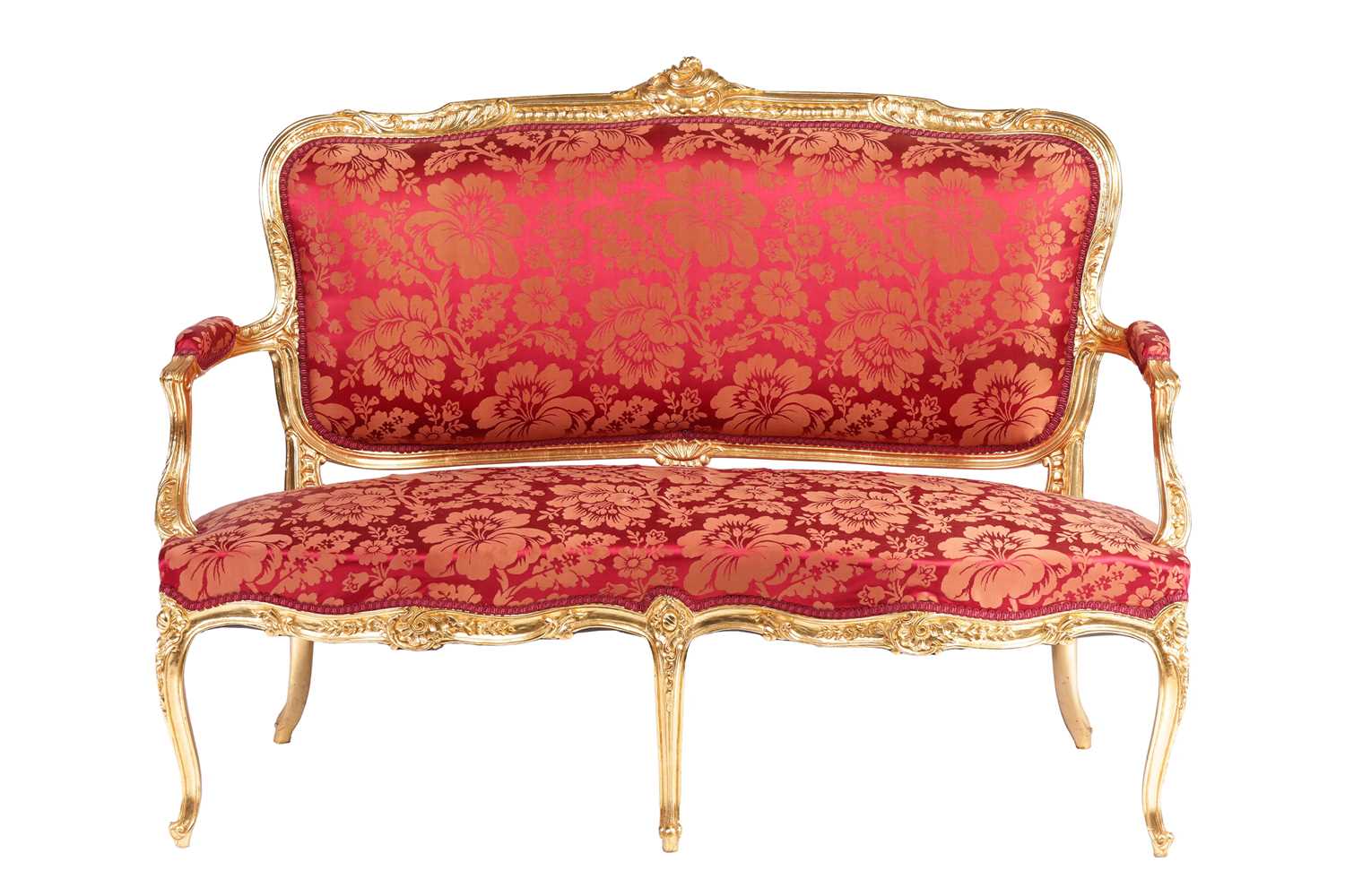 A 20th century Louis XV-style canape settee, with carved and molded wood and gilt gesso outline, stu