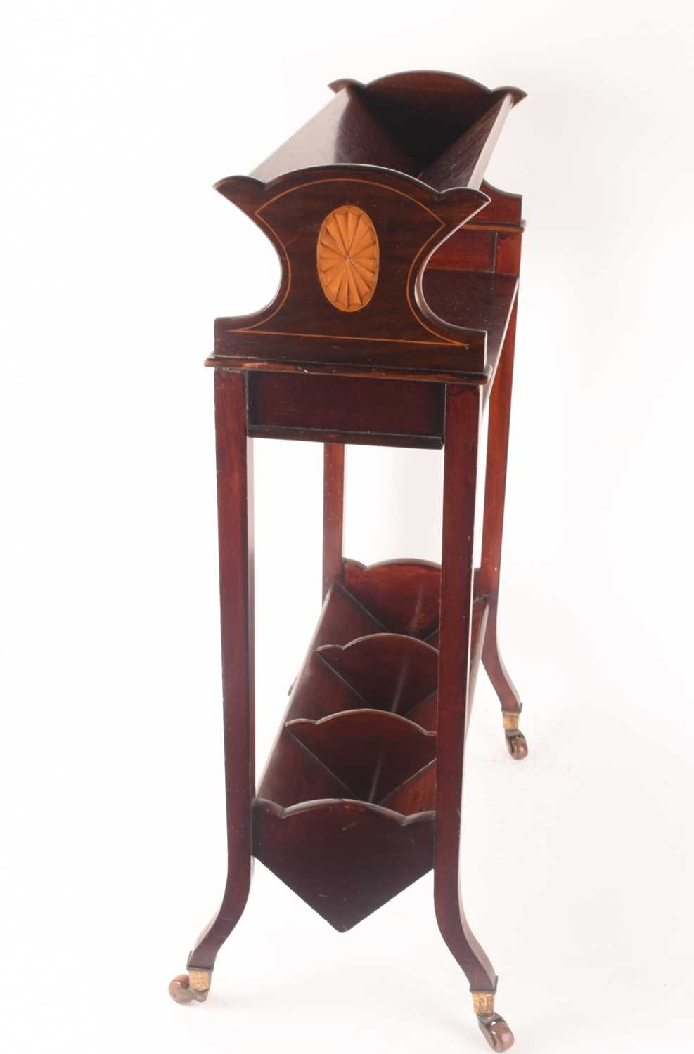 An Edwardian inlaid mahogany three-shelved book trough supported on splayed feet with brass cap cast - Image 6 of 11