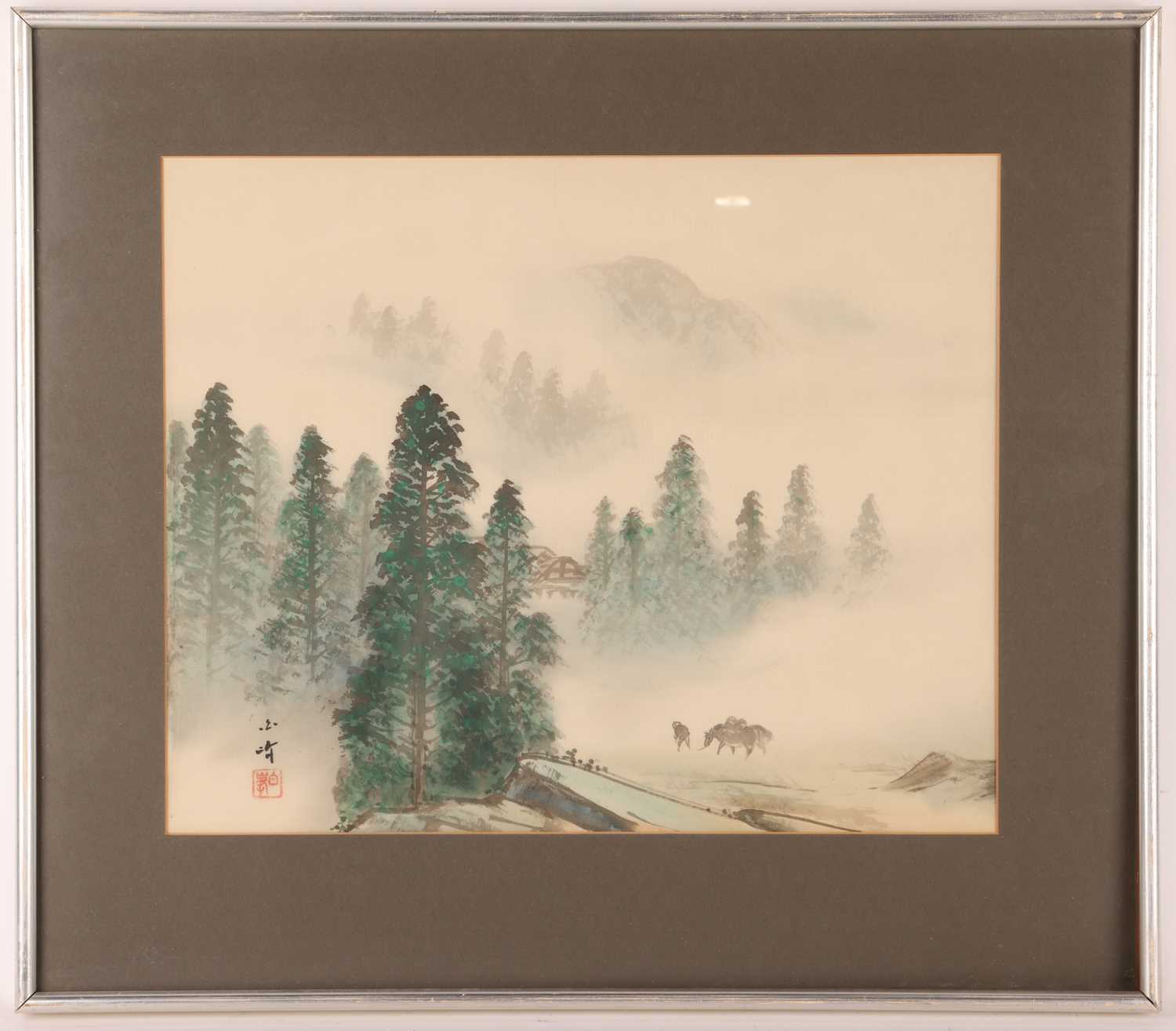 Hakuun Takasu (?) Japanese, a group of four silk pictures depicting misted mountain scenes, ink on s - Image 3 of 5