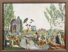 David Hyde Harrison, contemporary, a colourful scene of harlequin figures enjoying a garden, unsigne
