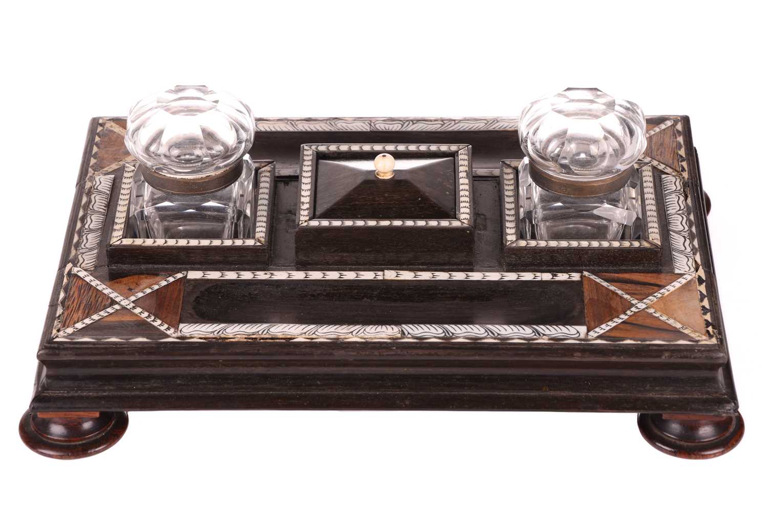 A Ceylonese ebony desk stand with calamander, coconut palm, and rosewood parquetry within pen-worked - Image 2 of 17