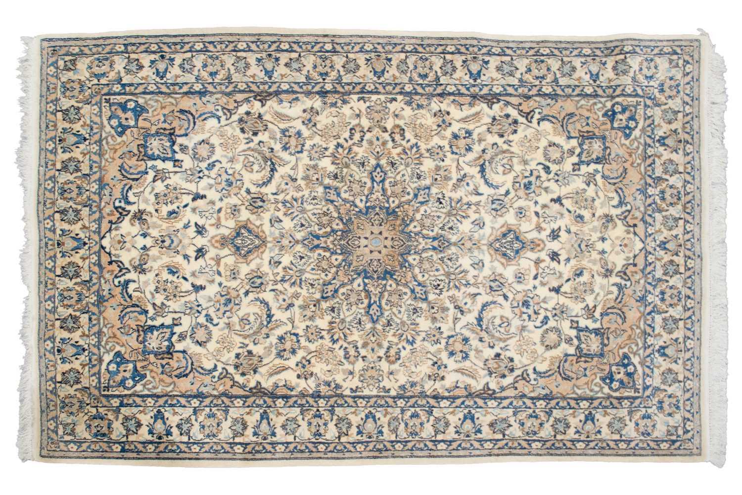 An ivory ground Nain rug with formal bookcover design, within palmette borders. 191 cm x 121 cm A pr