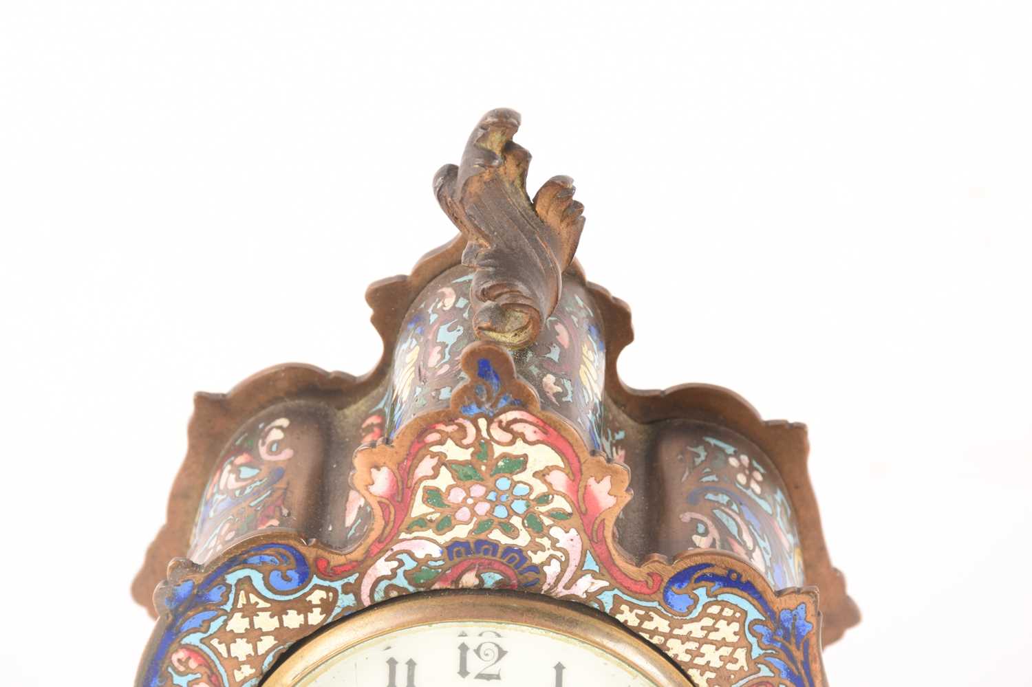 A late 19th-century French champléve enamel mantle clock with matching candlesticks, clock measures  - Image 5 of 16