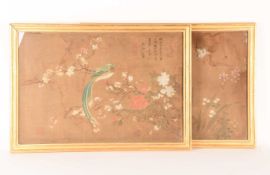 A pair of Chinese silkscreen paintings depicting similar 55.5 78.5 scenes of birds playing amongst s