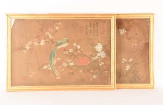 A pair of Chinese silkscreen paintings depicting similar 55.5 78.5 scenes of birds playing amongst