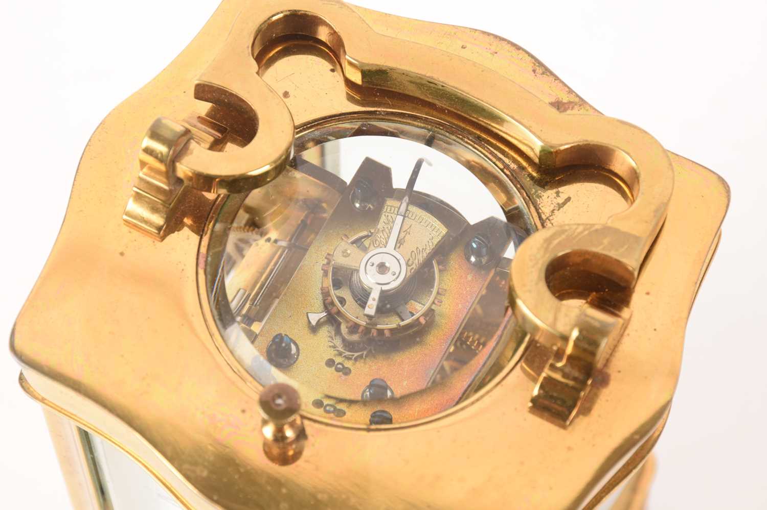 A French-style brass carriage clock with a serpentine corniche, repeating action and chiming on a go - Image 7 of 13