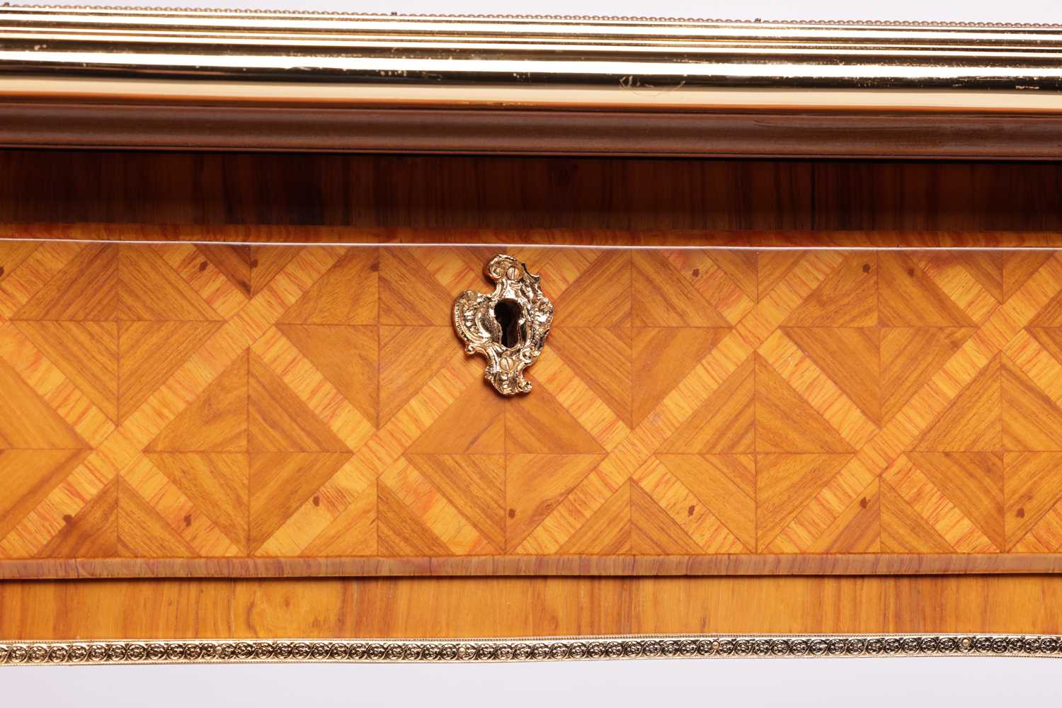 A 20th century Louis XV style cartouche topped bureau plat with tooled leather insert, gilt metal mo - Image 8 of 30