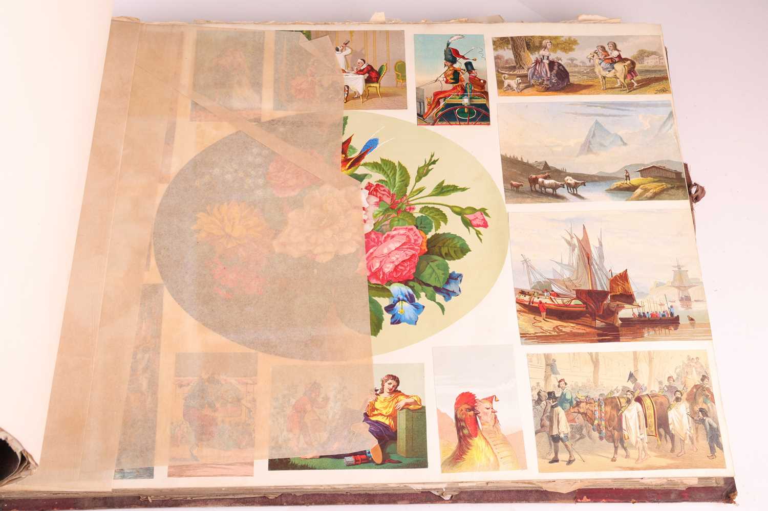A large 19th-century leather-bound scrap album, gilt-tooled spine, containing numerous colour prints - Image 5 of 9