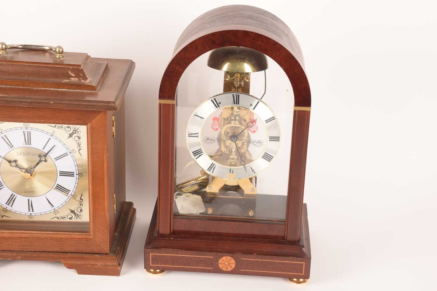 A collection of clocks comprising a Sewills of Liverpool arched top skeleton mantle clock, 20th cent - Image 5 of 11